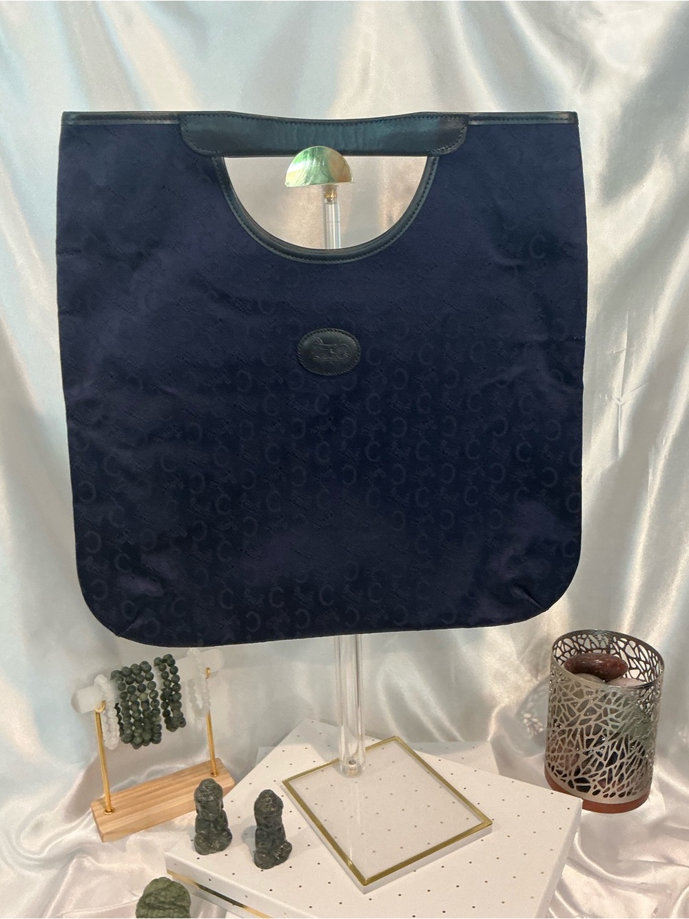 Preloved GREAT Celine Navy Logo Monogram Handbag With Leather Trim